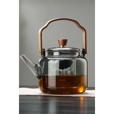 PremiumPort Füme Cam Demlik, Ahşap Saplı, 1200 Ml, Isıya Dayanıklı Borosilikat Cam