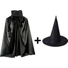 SHC4200 Siyah Yakalı Pelerin Siyah Cadı Şapkası Seti Çocuk Boy