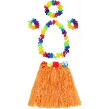 Ulugo Yetişkin ve Çocuk Uyumlu Luau Aloha Hawaii Turuncu Etek ve Renkli Kolye Taç 2 Adet Bileklik Seti