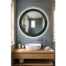 Montesev Led'li Işıklı Safir Ahşap Siyah Dekoratif Yuvarlak Ayna İşlemeli Ahşap Banyo Aynası Duvar Aynası Tekli