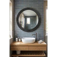 Montesev Safir Siyah Dekoratif Ayna Yuvarlak Ayna Işlemeli Ahşap Duvar Aynası Tekli Banyo Aynası