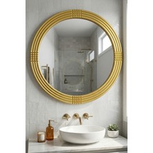 Montesev Safir Gold Dekoratif Ayna Yuvarlak Ayna Işlemeli Ahşap Duvar Aynası Banyo Aynası Tekli