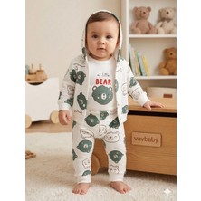 Vavbaby Ayıcık Desenli 3’lü Bebek Takımı - Kapüşonlu Hırka, Zıbın Body ve Alt Pijama Seti Yeşil