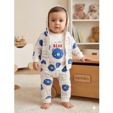 Vavbaby Ayıcık Desenli 3’lü Bebek Takımı - Kapüşonlu Hırka, Zıbın Body ve Alt Pijama Seti Mavi