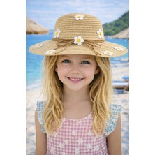 Yazlık Papatya Süslemeli Kız Çocuk Hasır Fötr Şapka 4-8 Yaş (48 Cm)