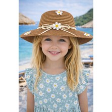 Yazlık Papatya Süslemeli Kız Çocuk Hasır Fötr Şapka 4-8 Yaş (48 Cm)
