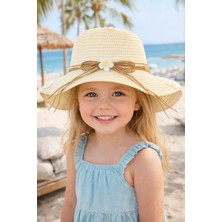 Yazlık Papatya Süslemeli Kız Çocuk Hasır Fötr Şapka 4-8 Yaş (48 Cm)