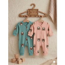 Vavbaby Ayıcık Desenli Pamuklu Bebek Tulum Seti - 2’li Paket (Pembe-Yeşil)