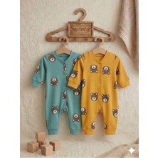 Vavbaby Ayıcık Desenli Pamuklu Bebek Tulum Seti - 2’li Paket (Sarı-Yeşil)