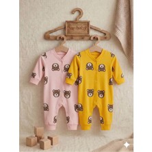 Vavbaby Ayıcık Desenli Pamuklu Bebek Tulum Seti - 2’li Paket (Sarı-Pembe)