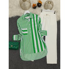 Modamorfo Çizgili Keten Gömlek  -Yeşil