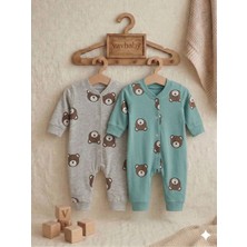 Vavbaby Ayıcık Desenli Pamuklu Bebek Tulum Seti - 2’li Paket (Yeşil-Gri)