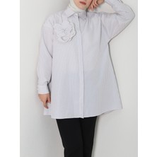 Modamorfo Inci Düğmeli Çizgili Broşlu Gömlek  -Bej