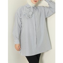 Modamorfo Inci Düğmeli Çizgili Broşlu Gömlek  -Siyah