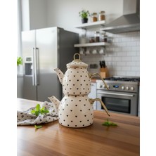 PremiumPort Beyaz Emaye Çaydanlık Takımı, Minik Kalp Detaylı, Indüksiyon Uyumlu, Büyük Boy