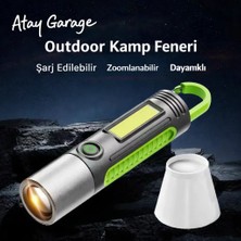 Atay Garage Şarjlı LED Kamp Feneri & El Feneri – Zoom Özellikli, Powerbank, Suya Dayanıklı Outdoor Işık Evde Açık Alanda Arabada
