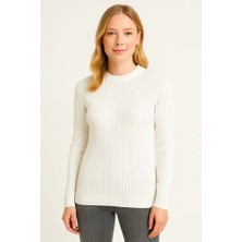 Sidelya Concept Bisiklet Yuvarlak Yaka Triko Kazak Pamuklu Kalın Fitilli Dokuma, Regular Fit Uzun Kollu Kışlık Model - Beyaz