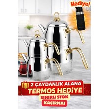 PremiumPort Şık Altın Kulp Ayperi Orta + Mega Boy Çaydanlık Seti ve Termos Hediye