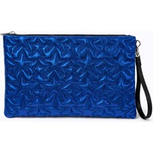 Ecrou Yıldız Desenli Saks Parlak Portföy & Clutch Çanta Çıkarılabilir Bileklik Askılı 30 x 19 cm