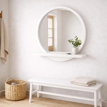 Aypars Atölye 20X20 cm Raflı Masif Ağacı Yuvarlak Ayna – Iskandinav Tarzı Antre ve Banyo Aynası (Beyaz)