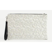 Ecrou Yıldız Desenli Beyaz Parlak Portföy & Clutch Çanta Çıkarılabilir Bileklik Askılı 30 x 19 cm