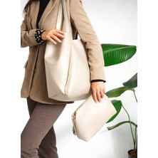 Özüm Çanta Kadın Büyük Boy Yavrulu El Omuz ve Kol Çantası Krem