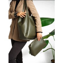 Özüm Çanta Kadın Büyük Boy Yavrulu El Omuz ve Kol Çantası Haki