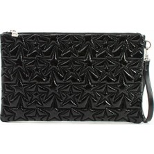 Ecrou Yıldız Desenli Siyah Parlak Portföy & Clutch Çanta Çıkarılabilir Bileklik Askılı 30 x 19 cm