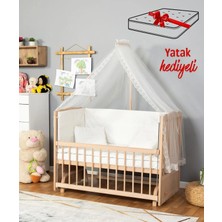Bamgidoo Ahşap Organik Beşik Anne Yanı Beşik 3 Kademeli Lüx Bebek Beşiği 60 x 120 cm - Krem Güpür Uyku Setli & Soft Yataklı