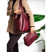 Özüm Çanta Kadın Büyük Boy Yavrulu El Omuz ve Kol Çantası Bordo