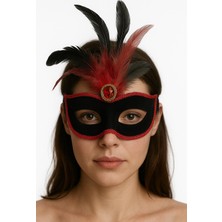 Esranın Dünyası Kırmızı Dantelli Siyah Kırmızı Tüylü Siyah Süet Kaplama Parti Maskesi 17X25 cm