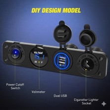 MELLİFERA 4’lü Marin Panel - Çift USB Şarj, Dijital Voltmetre, Çakmaklık Soketi ve On-Off Anahtar (12V/24V)
