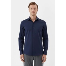 Sabri Özel Lacivert %100 Pamuk Slim Fit Dokuma Uzun Kollu Klasik Yaka Gömlek