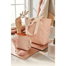 Faralya Life Çizgili Çanta 50X42 cm ve Makyaj Çantası Seti 26*21CM Bez Çanta Kombin Set