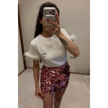 Pul Detaylı Mini Etek Pembe