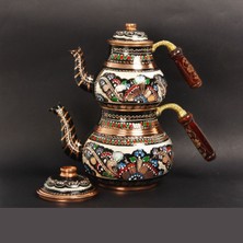 PremiumPort El Yapımı Bakır Çaydanlık ve Ahşap Kulplu Desenli Set