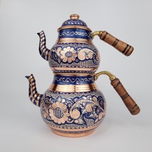 PremiumPort El Yapımı Bakır Demlik ve Çay Takımı, Erzincan Işçiliği, Boyalı ve Işlemeli