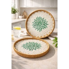 Morponi 2'li El Yapımı Doğal Rattan Tepsi Sedef Desenli Yuvarlak Sunum Tepsisi Şık Servis Tepsisi 30-33 cm Yeşil