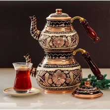 PremiumPort El Yapımı Bakır Çaydanlık, Ahşap Kulplu, Desenli, Orta Boy