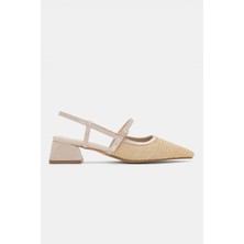 Selin Shoes Talisse Örgü ve Ayarlanabilir Toka Detay Sivri Burun Kalın Topuk Kadın Topuklu Ayakkabı- Bej