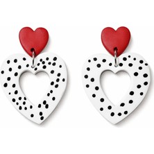 Lu Atelier Amoré Kırmızı Kalp Detaylı Siyah Puantiyeli Beyaz Kalp Polimer Kil Küpe