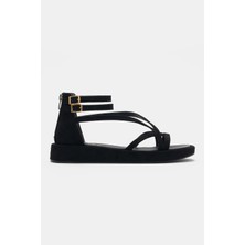 Selin Shoes Lony Ön Çarpraz Detaylı Bilek Tokalı Kadın Sandalet- Siyah Süet