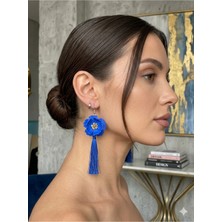 Lu Atelier Bleu Royale El Yapımı Saks Mavisi Çiçek Küpe | Püsküllü, Şık Gece Küpesi