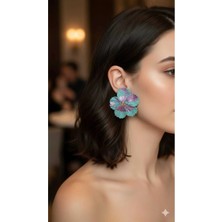 Lu Atelier Lilac Bloom Mint Yeşil Çiçek Tasarım Polimer Kil Küpe Metalik Lila Varak Detaylı El Yapımı Küpe