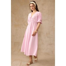 Olcay Beli Lastikli Bağcık Detaylı Yarım Kol Müslin Elbise Pudra 9331-E