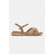 Selin Shoes Nolera Hakiki Deri Bilek Kemer Ayarlanabilir Çift Toka Detaylı Kadın Sandalet- Taba