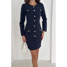 Neşeli Butik Kadın Gold Düğme Detaylı Uzun Kollu Mini Elbise NBK4388