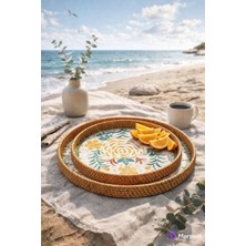 Morponi 2'li El Yapımı Doğal Rattan Tepsi Sedef Desenli Yuvarlak Sunum Tepsisi Şık Servis Tepsisi 30-33 cm Sarı