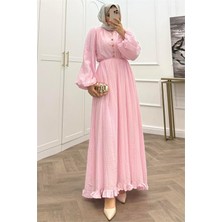 Neşeli Butik Kadın Pembe Eteği Fırfırlı Düğme Detaylı Pamuklu Salaş Tesettür Elbise NMS086