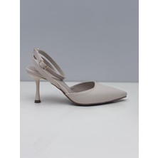 Feles Kadın Bej Topuklu Arkası Açık Bilekten Bağlamalı Ayakkabı - Stiletto-7 cm Topuk- Podeia Estilo